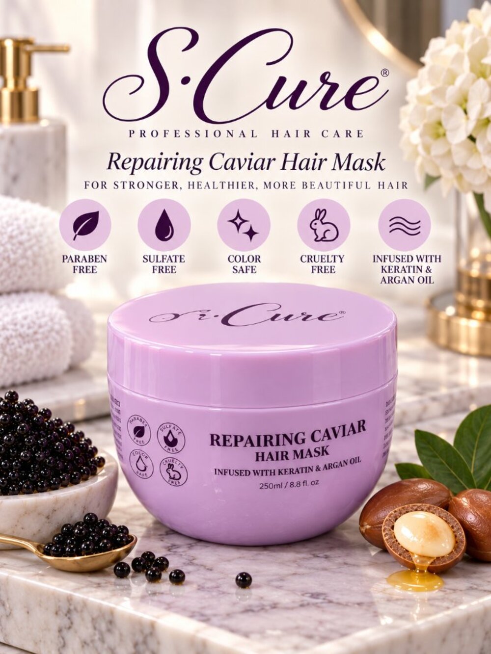 S.Cure Repairing Caviar Hair Mask Keratin & Argan Oil 8.8 oz 250ml Sealed